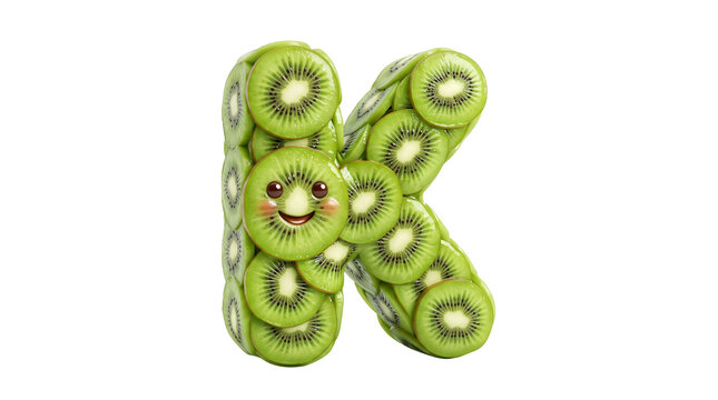 Kiwi fruit letter K with cute smiling face, creative food typography made of green fruit slices, healthy alphabet character for kids isolated PNG with Transparent Background
