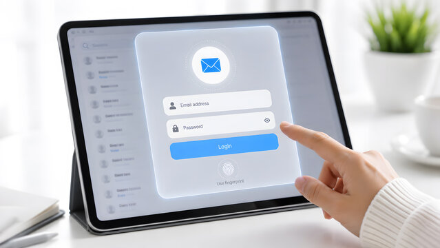 Email login interface on tablet, digital account sign in and secure online authentication concept