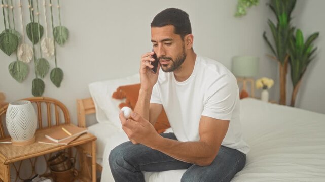 Man sitting on bed holding pill bottle and talking on smartphone in a building bedroom; health advice relief.