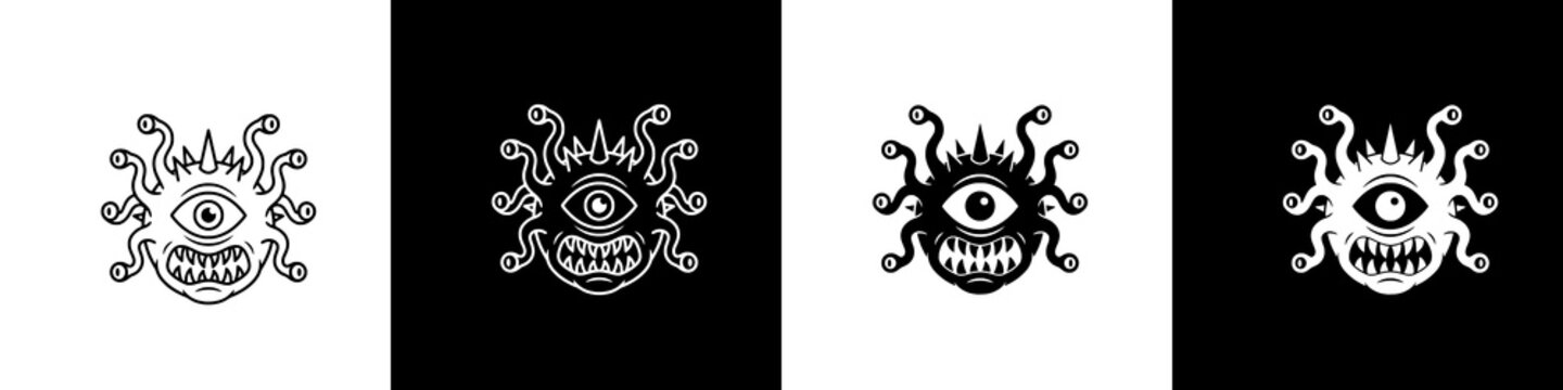 Black and white Beholder monster icon set for Halloween