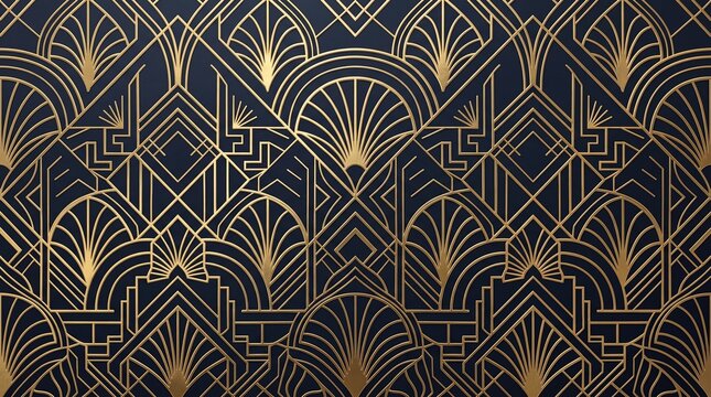 art deco pattern gold navy background luxury geometric wallpaper vintage 1920s design gatsby style texture elegant gold lines dark blue backdrop sophisticated interior decor