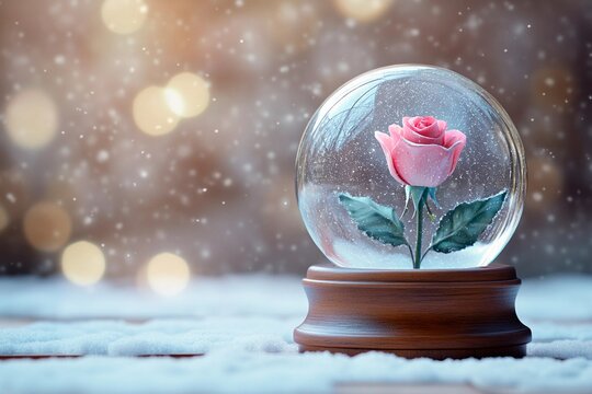 Frozen rose encased in delicate snow globe on a snowy background