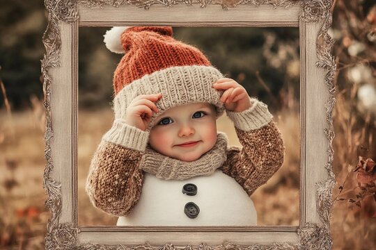 Child joyfully hugging a snowman in the winter wonderland