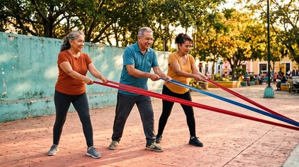 Obraz premium Friends build strength with bands at an outdoor community session