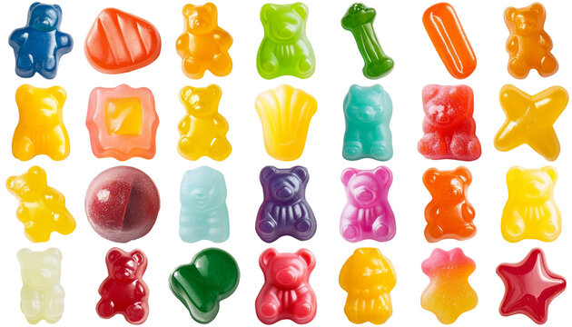Assortment of colorful gummy candies in various shapes including bears, stars, and other fun forms, isolated on a white background.