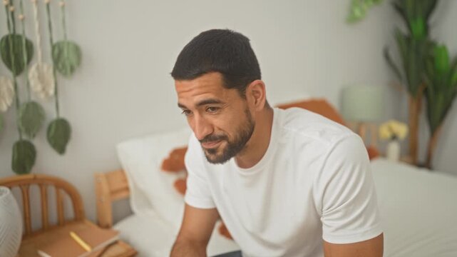 Man sits on bed gesturing with hand and smiling, wearing white tshirt near plant and notebook on bedside in building bedroom; calm reflection.