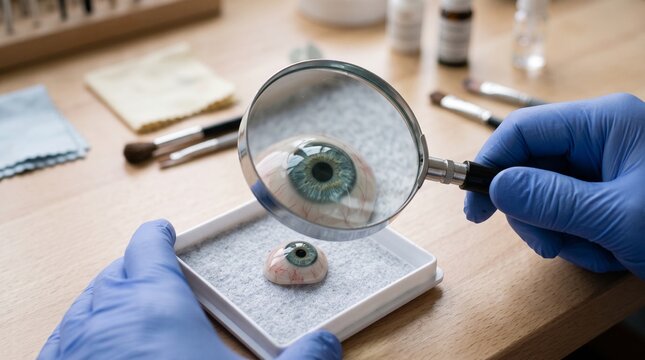 Ocularist inspects color depth in a finished prosthetic eye