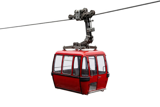 Red Cable Car Gondola Isolated Hanging on Steel Cable Line