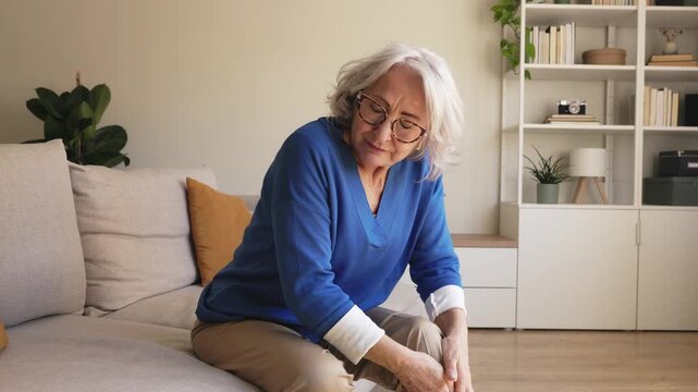 Elderly woman suffering from sudden knee pain at home