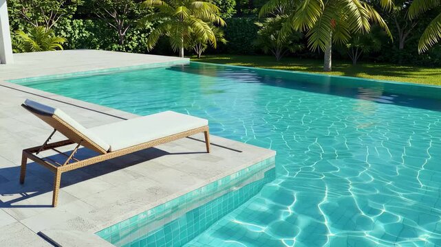 Sun lounger by a turquoise swimming pool. Modern outdoor furniture on a sunny patio. Tropical backyard garden with palm trees for a summer vacation retreat.