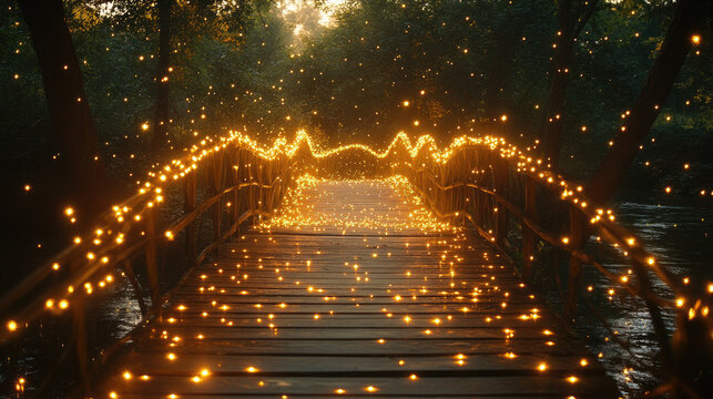 Magical Forest Bridge Illuminated by Golden Fairy Lights, Enchanted Pathway, Dreamy Atmosphere, Nature Scene