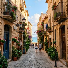 Fototapeta premium Charming Mediterranean Street with Flowers and Sea View