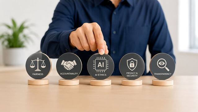 Business professional selecting AI Ethics icon among fairness, accountability, privacy, and transparency principles.