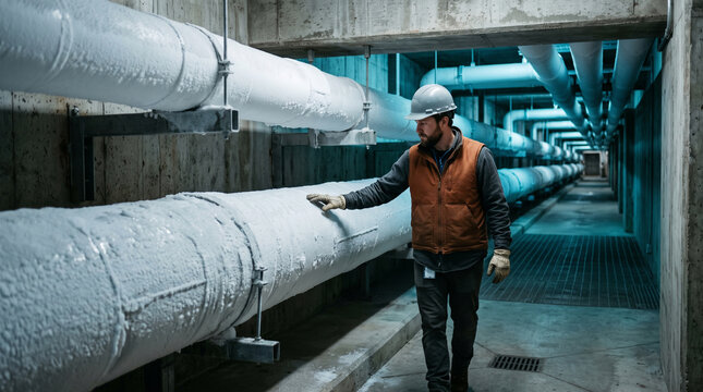 Engineer traces frosted pipework in an ice storage gallery