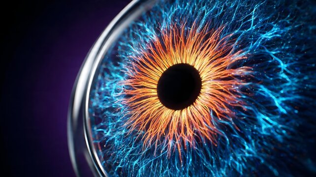 Wide macro perspective of a complex bionic eye iris. Glowing particle fiber-optic filaments explode from a fiery orange center into intricate electric blue neural paths, set against a dark void.