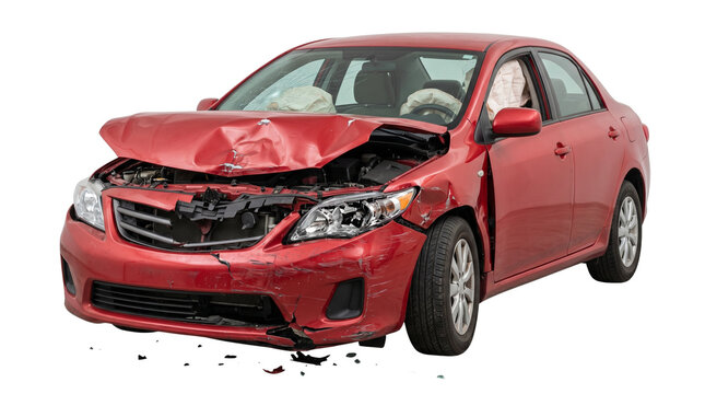 Damaged red sedan after frontal car accident, wrecked vehicle with deployed airbags, smashed front bumper and hood isolated PNG with Transparent Background