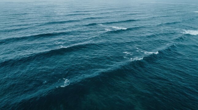 Dark deep blue ocean waves rolling across the surface captured from a high aerial drone perspective