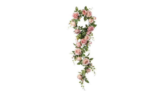 Vintage pink rose garland with green leaves. Elegant floral vine for wedding decor. Romantic botanical flower arrangement. isolated PNG with Transparent Background