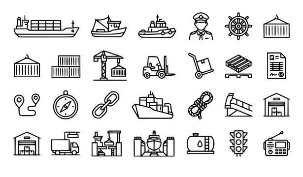 Maritime Shipping and Port Logistics Outline Icons with Cargo Vessel Crane and Transport Symbols