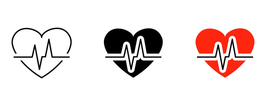 Heartbeat pulse icon set with red and black heart shapes for medical health monitoring.