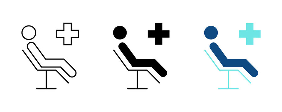 Medical clinic chair icon set with patient and cross symbols for healthcare services.