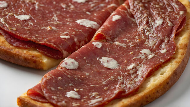 Delicious cured salami sausage slices close up macro food texture