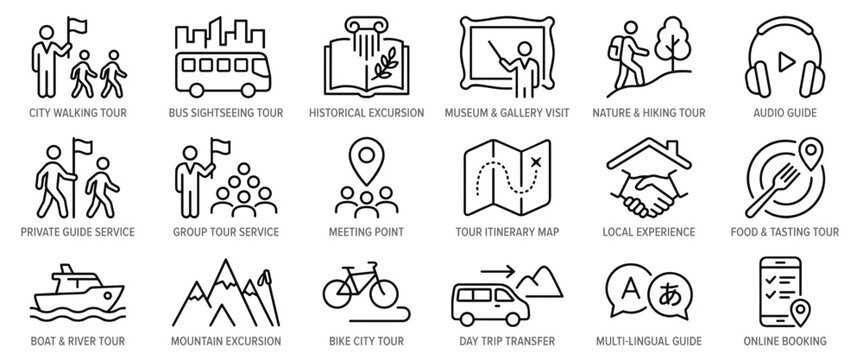 Travel and tourism icons representing sightseeing, guided excursions, city walking tours, outdoor adventures, and local experiences