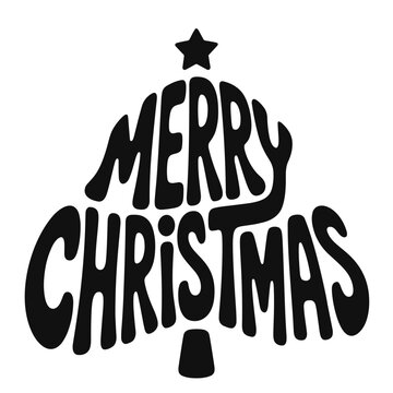 Retro Merry Christmas typography in the shape of a Christmas tree. Black and white hand-lettered holiday design for greeting cards, festive decorations, and crafting