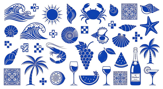 Mediterranean Summer Ocean Beach Icon Set with Blue Seashells Wine Palm Trees and Nautical Elements