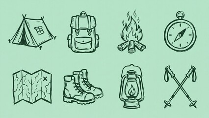 Fototapeta premium Hand-drawn set of camping and outdoor adventure icons perfect for travel blogs nature apps or wilderness exploration designs