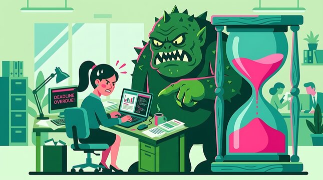 Stressed employee working under deadline pressure illustration