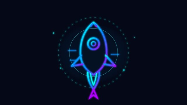 Dynamic neon rocket ship launching into outer space on dark background with glowing particles and circular HUD elements, futuristic motion graphic animation.