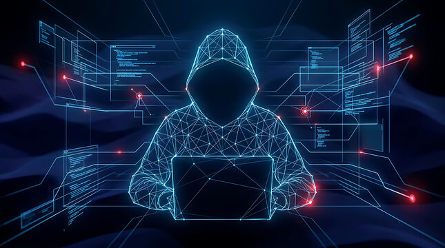 futuristic hacker working on code with digital network interface and secure encryption concepts in a high-tech environment