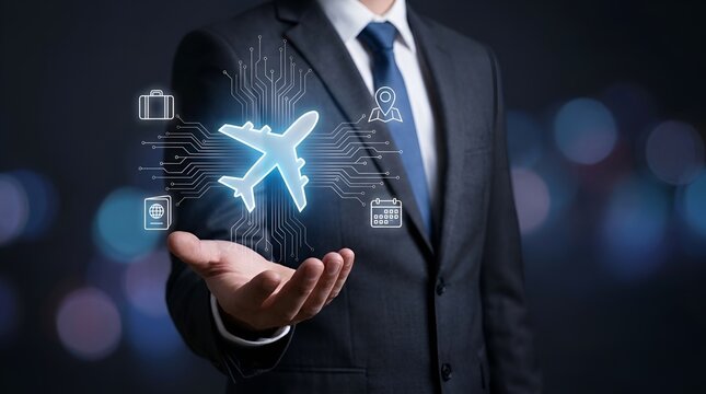 Businessman holding a glowing digital airplane with travel icons representing modern smart travel technology