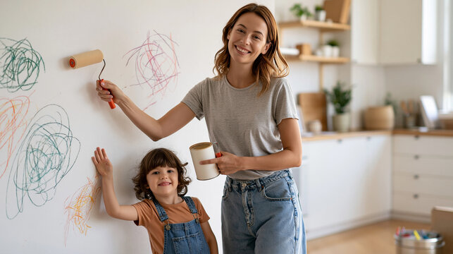 After discovering colorful scribbles on a white wall, a practical mother holds paint rollers and calmly plans a fresh repaint while her child stands nearby, solution-focused home concept,