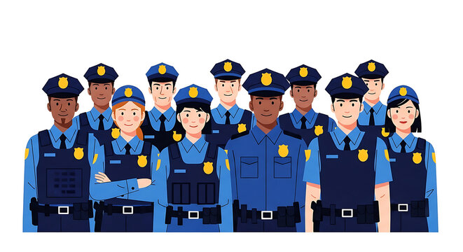 Diverse Group of Police Officers and Law Enforcement Team in Uniform Providing Security Personnel Protection and Community Safety Flat Illustration