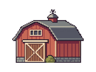Pixel art red farm barn with wooden doors isolated game asset © Bohdan