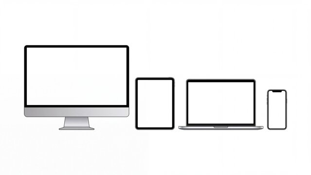 Set of modern electronic devices with blank white screens perfect for responsive web design and app UI mockups isolated on white background