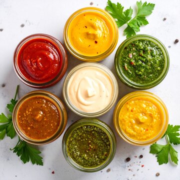 Assorted Colorful Homemade Sauces and Dips in Small Glass Jars