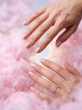 detailed Macro photo of hands parting pink clouds 2k showing abstract micro structural details and textures with professional studio lighting