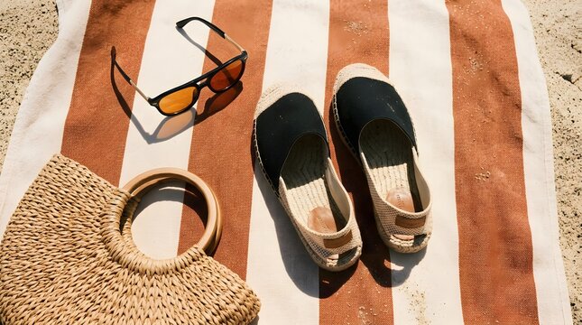 Beach essentials with sunglasses espadrilles and straw bag on striped towel summer vacation