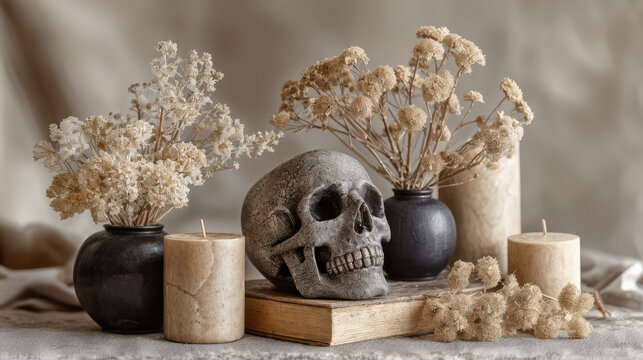 Still life arrangement featuring a human skull, dried flowers in vases, and candles, set against a neutral textured background, evoking a sense of mortality and rustic charm.