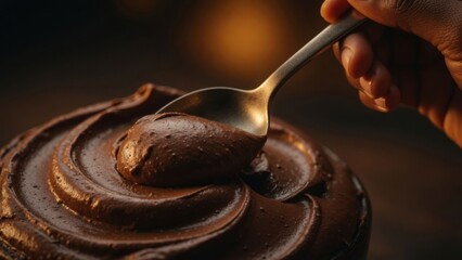 Fototapeta premium Chocolate Cake Frosting Being Spread with Spoon