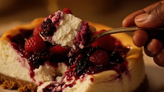 Slice of Berry Cheesecake on Fork with Mixed Berry Sauce