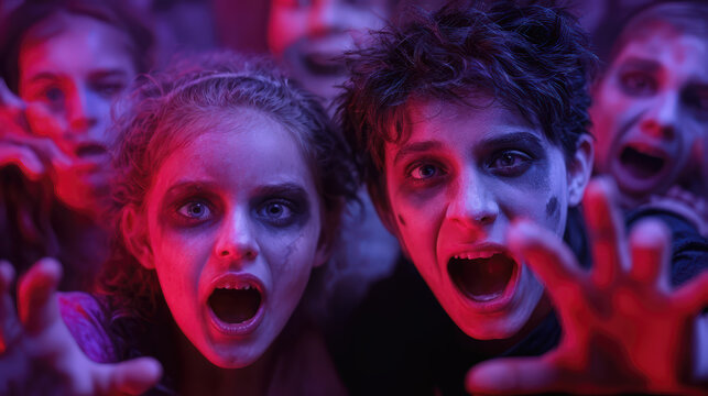 A group of children dressed as zombies with terrifying makeup and vacant stares lunge forward, their hands outstretched in a menacing fashion, illuminated by eerie red and purple lights.
