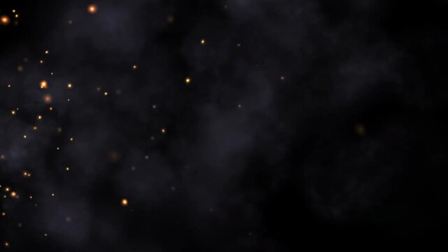 Cinematic dark smoke background with floating golden glowing sparks