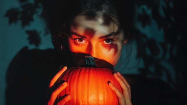 A young woman's face is partially obscured by a glowing jack-o'-lantern, her intense gaze fixed on the viewer. Shadows of autumn leaves dance on the wall behind her.