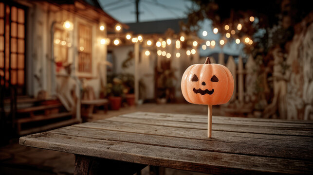 A spooky carved pumpkin with a smiling face sits on a rustic wooden table in a backyard adorned with string lights, setting a festive Halloween mood.