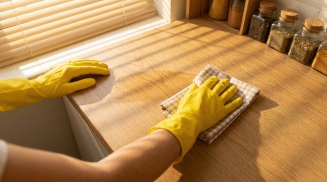 Person wearing bright yellow rubber gloves wipes down a clean wooden kitchen counter with light fabric