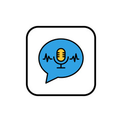 Fototapeta premium Blue speech bubble icon with black outline containing yellow microphone symbol featuring background, communication, audio with sound and recording